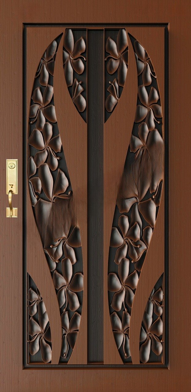 Doors - SKY-52 Floral Elegance Symmetrical Carved Entrance Door 3D Model